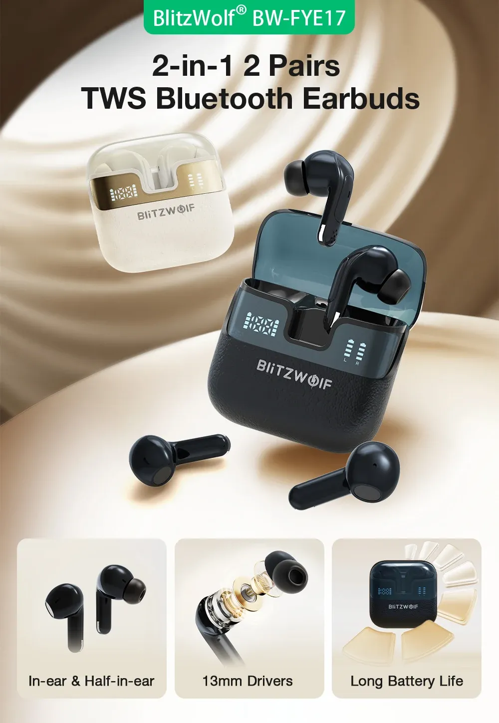 블리츠울프 BW-FYE17 듀얼 LED 표시 2-in-1 TWS 블루투스 이어폰