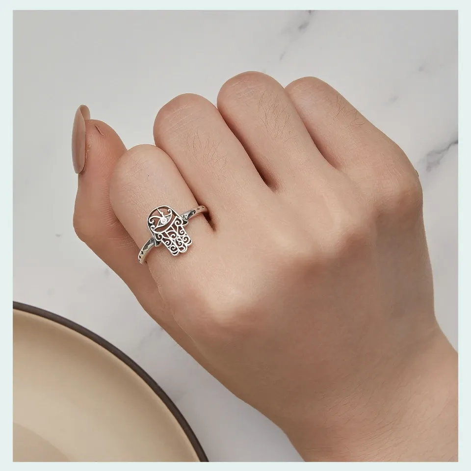 WOSTU 925 실버 파티마 오픈 링