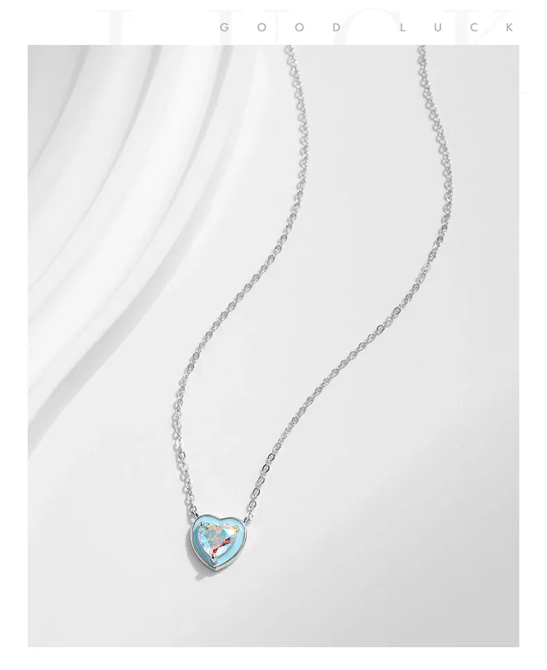 모디안 라이트 블루 에나멜 하트 925 실버 슬라이드 목걸이