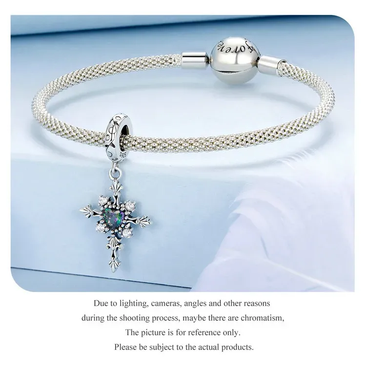 WOSTU 925 실버 하트 글라스 크로스 참 비즈