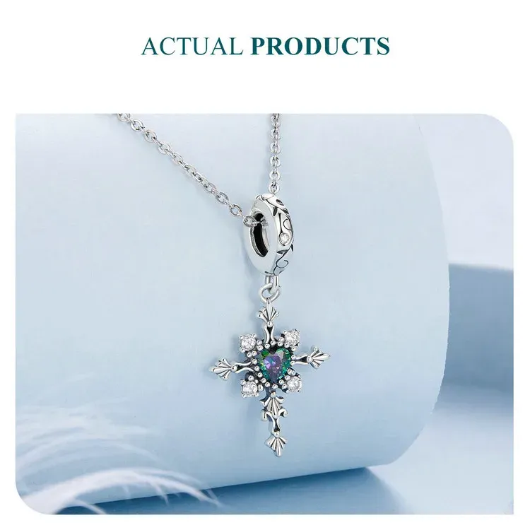 WOSTU 925 실버 하트 글라스 크로스 참 비즈