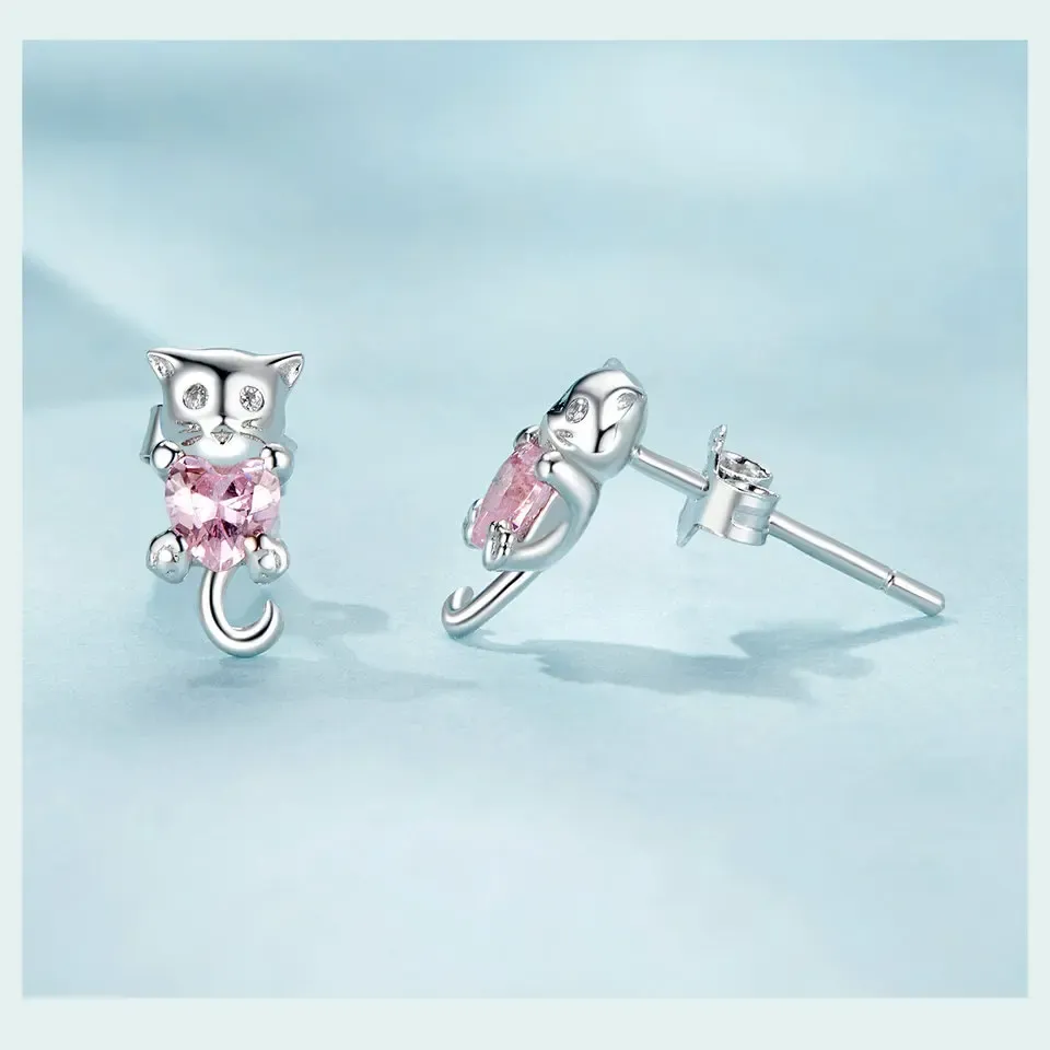 WOSTU 925 실버 핑크 하트 고양이 스터드 귀걸이