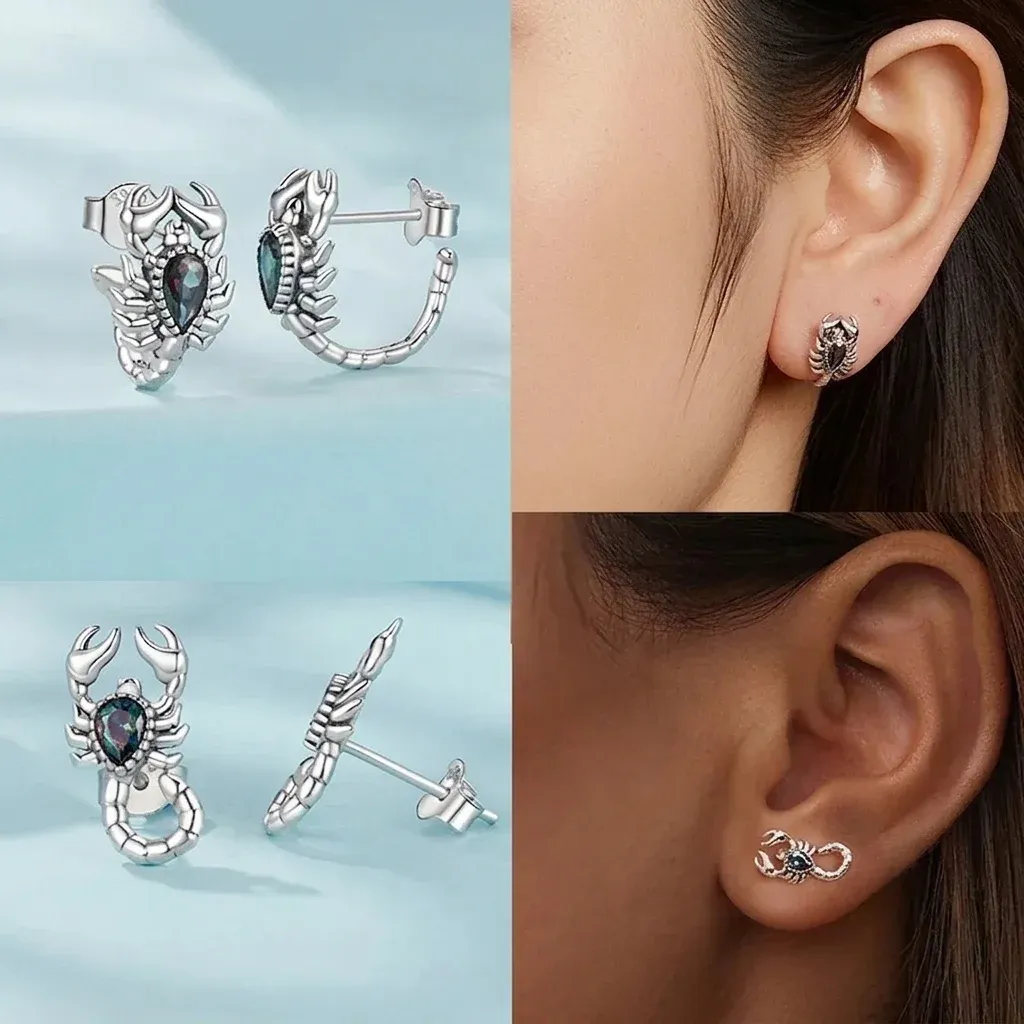 עגילי עקרב כסף סטרלינג עם אבן כהה