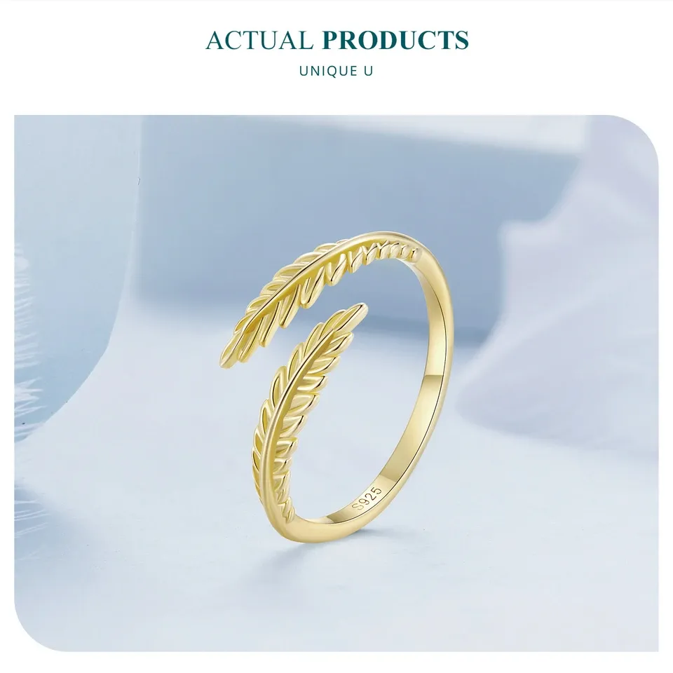 WOSTU 925 실버 금박 오픈 리프 반지