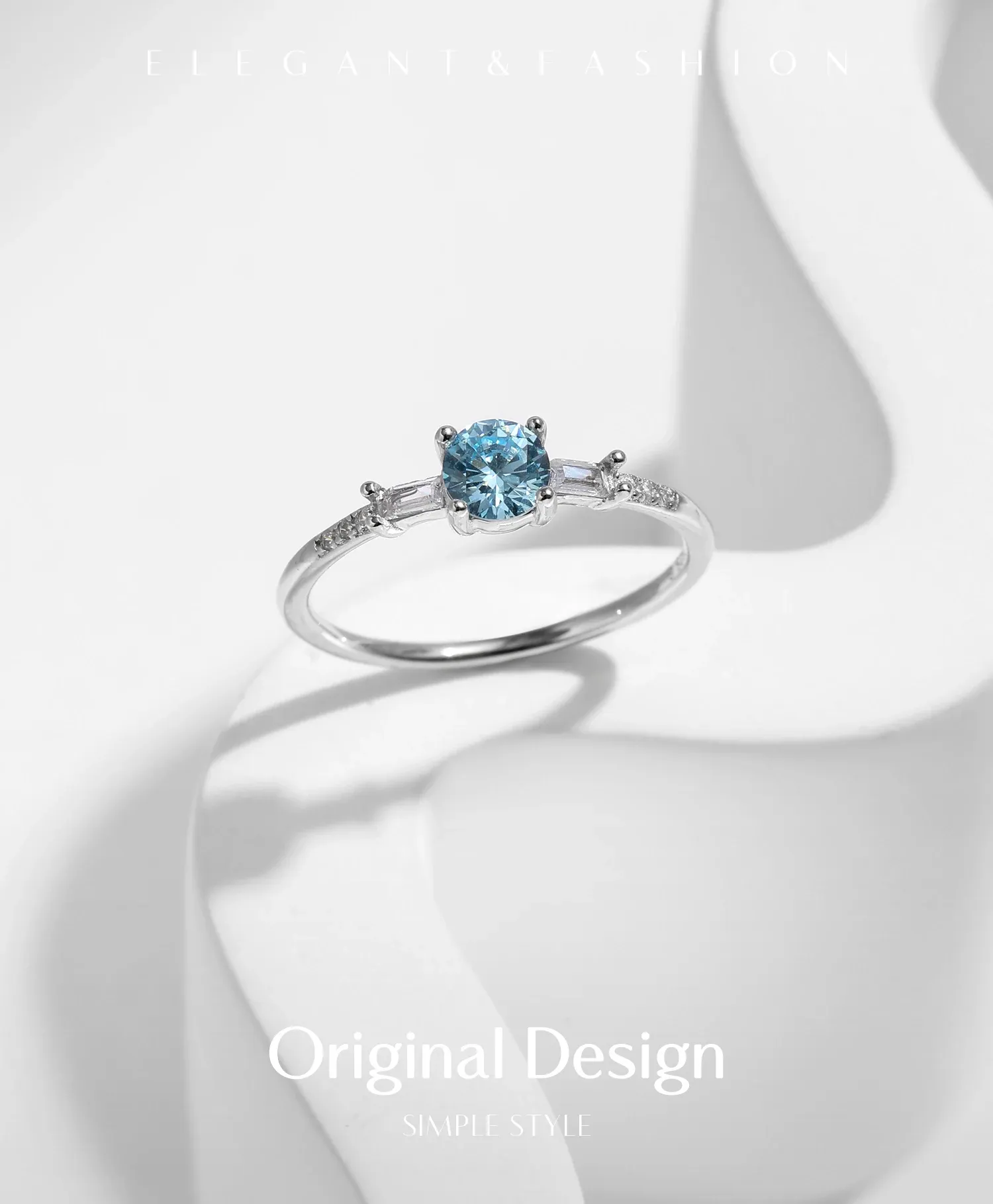 모디안 925 스털링 실버 라이트 블루 큐빅 라운드 웨딩 반지