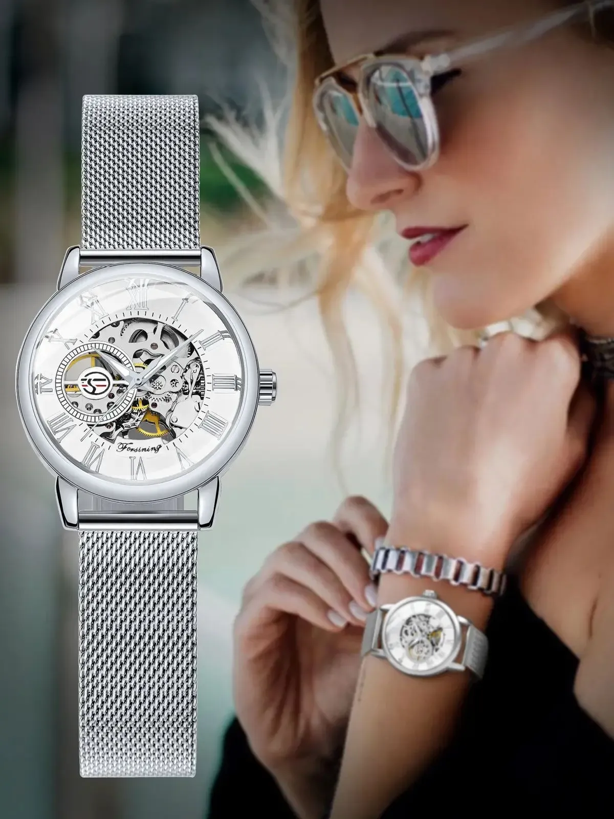 포르시닝 여성용 스켈레톤 메쉬 기계식 손목시계 FS 412