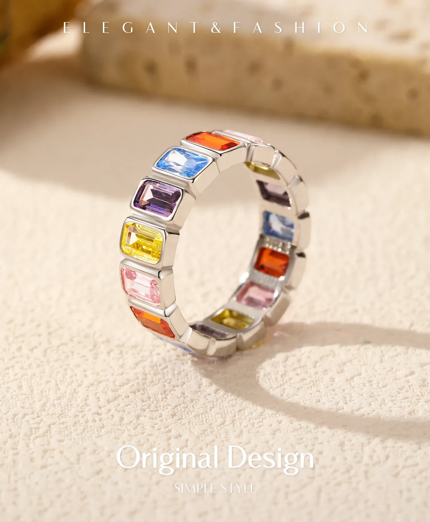 MODIAN 925 실버 컬러풀 직사각 지르콘 이터니티 반지