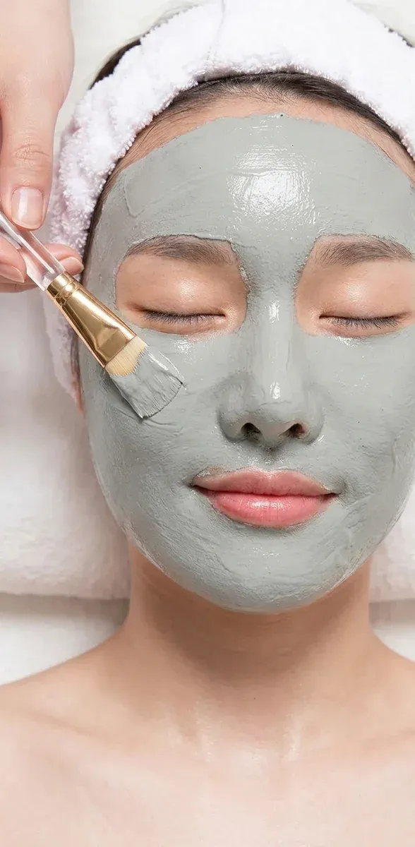 회색 클레이 마스크 얼굴 도포 장면