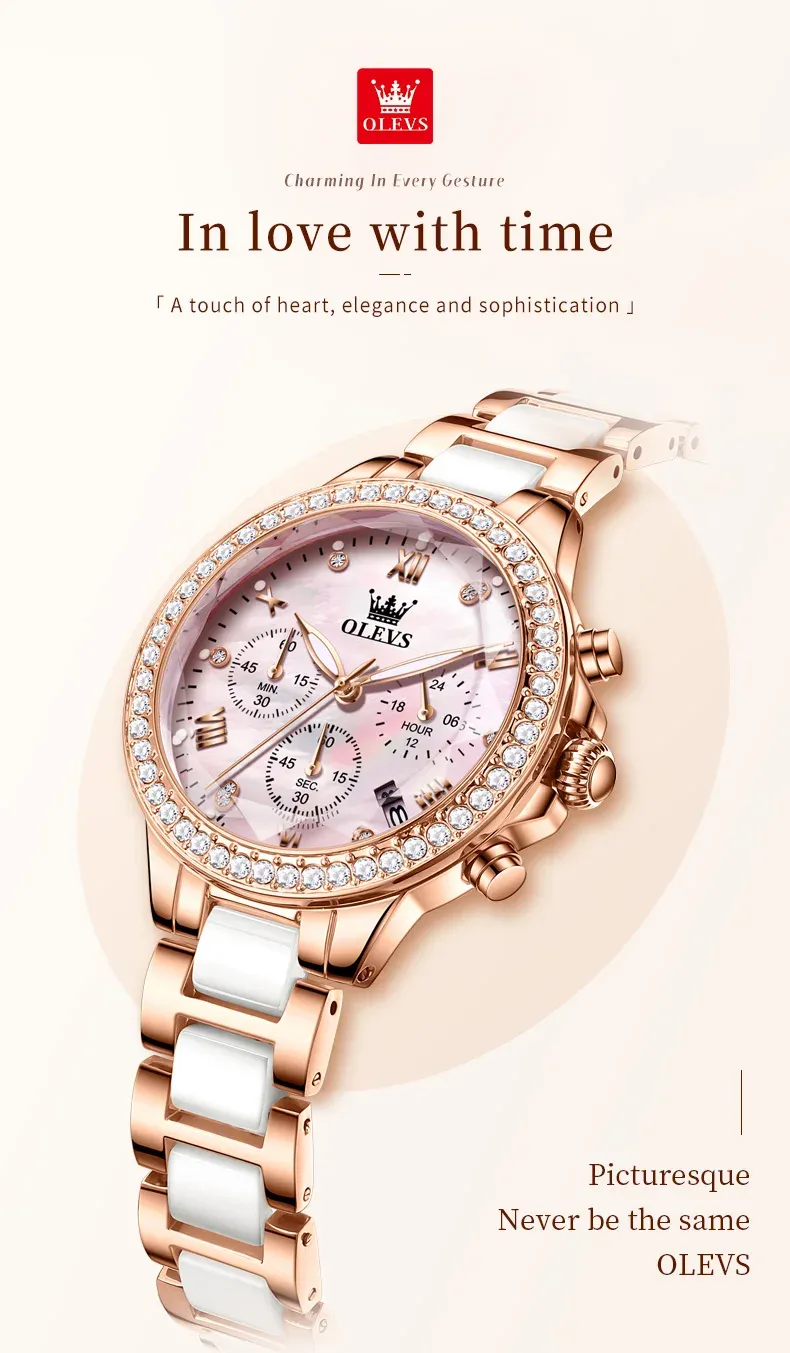 OLEVS 9999 로만 다이얼 세라믹 여성 크로노그래프 시계