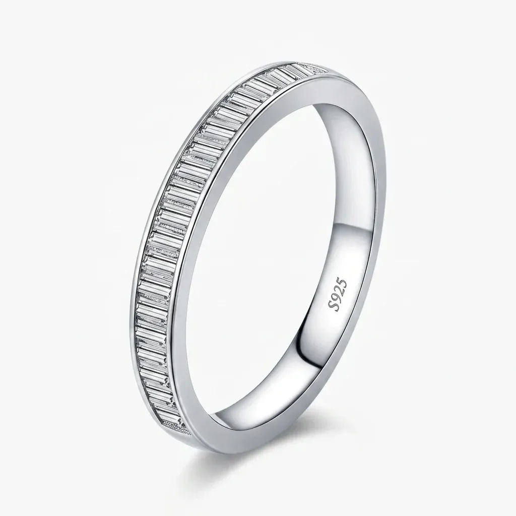 직사각 모이사나이트 실버 스택 반지