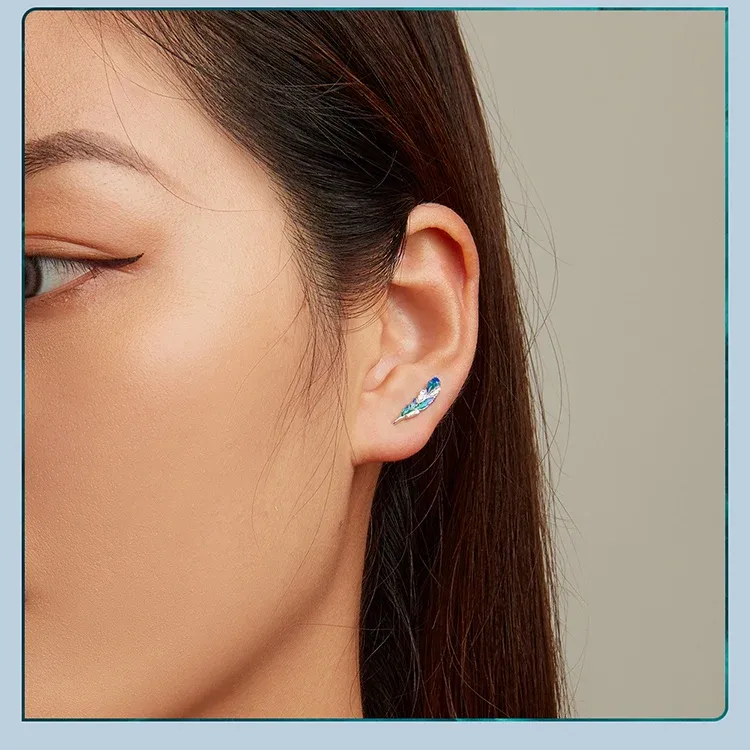 WOSTU 925 실버 블루 깃털 드롭 귀걸이