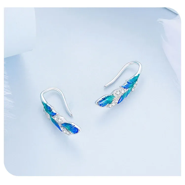 WOSTU 925 실버 블루 깃털 드롭 귀걸이