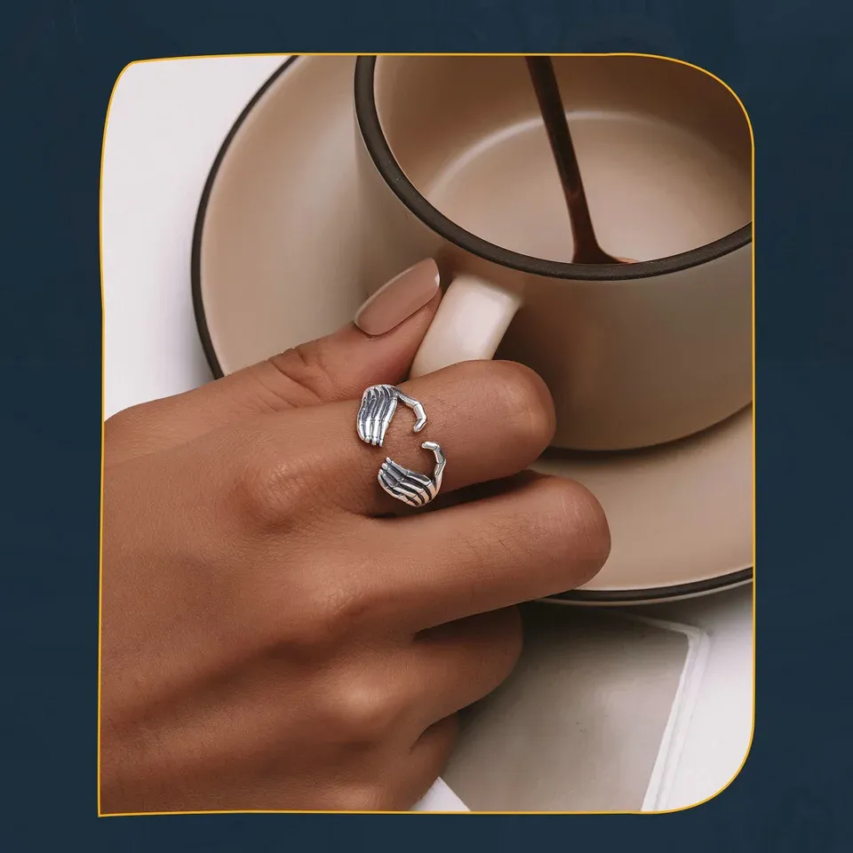 WOSTU 925 실버 해골 손 오픈 링 이어버클