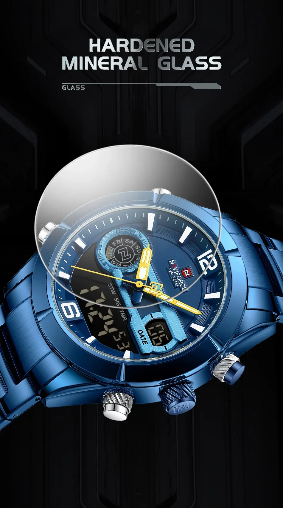 네비포스 남성용 듀얼 디스플레이 크로노그래프 방수 쿼츠 시계