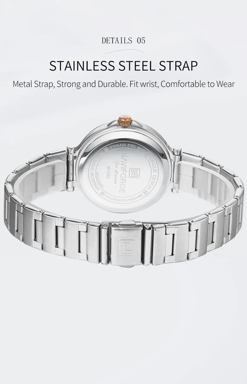 네비포스 로즈 다이얼 스틸 여성 쿼츠 시계