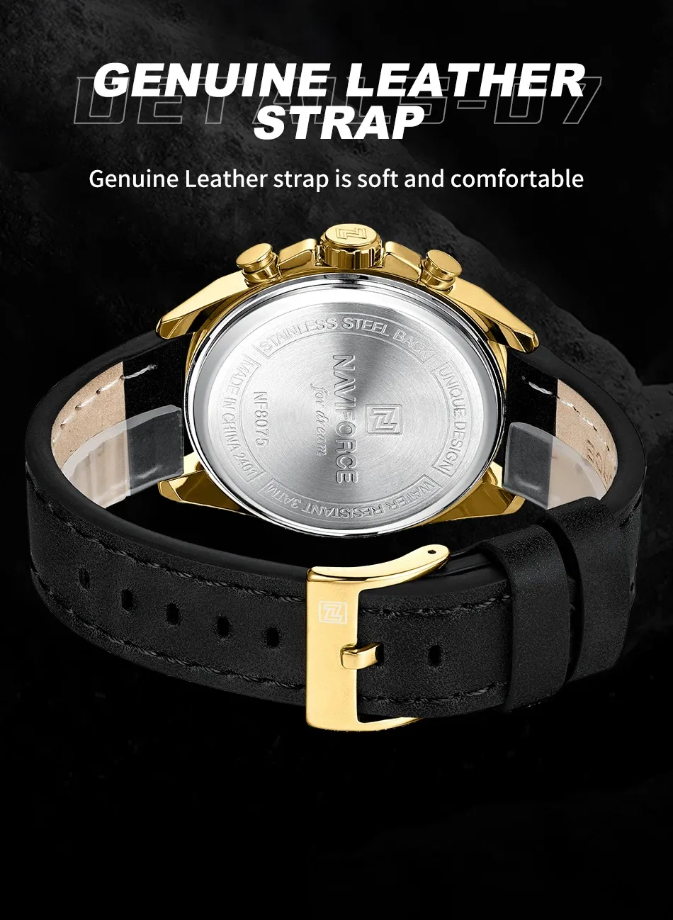 네비포스 NF8075 가죽 스트랩 남성용 쿼츠 드레스 워치