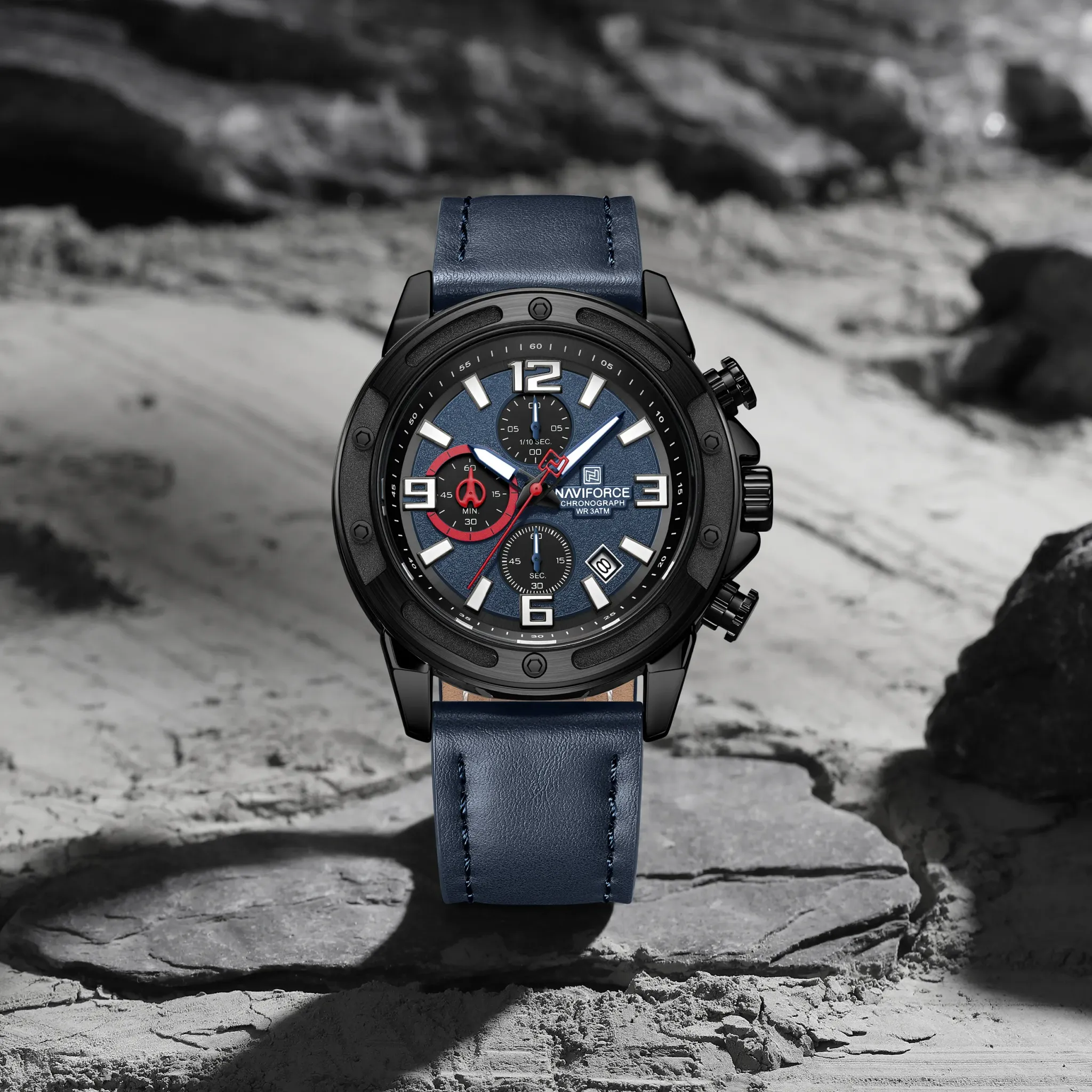 NAVIFORCE 남성용 가죽 스트랩 크로노그래프 방수 쿼츠 시계