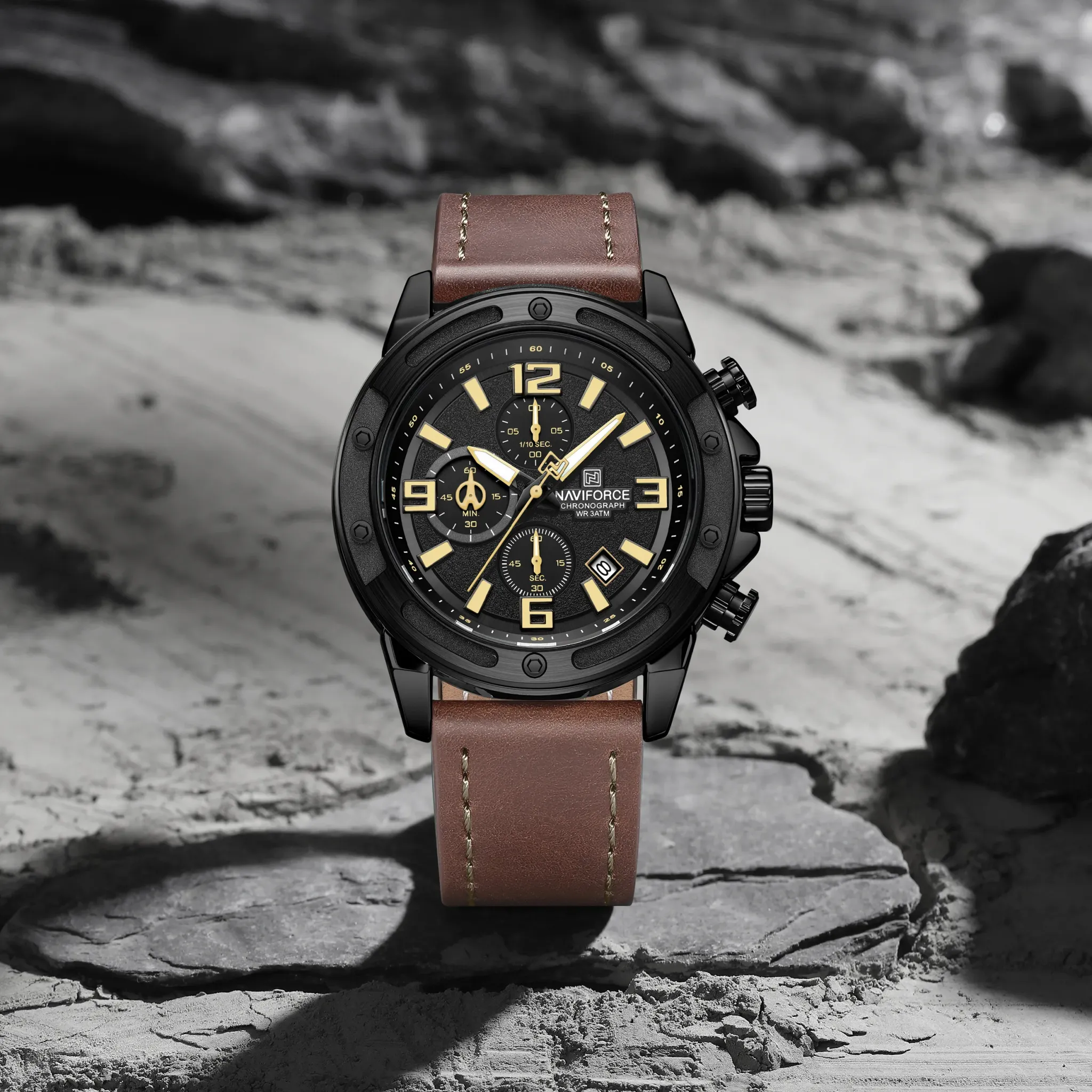 NAVIFORCE 남성용 가죽 스트랩 크로노그래프 방수 쿼츠 시계