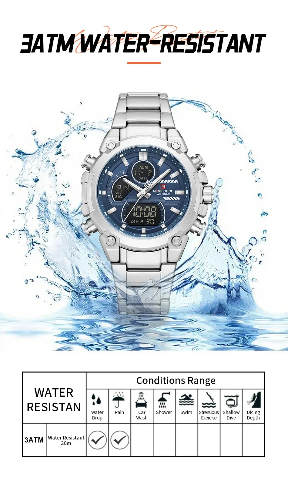 네비포스 NF9278 남성용 아날로그·디지털 스틸 비즈니스 시계