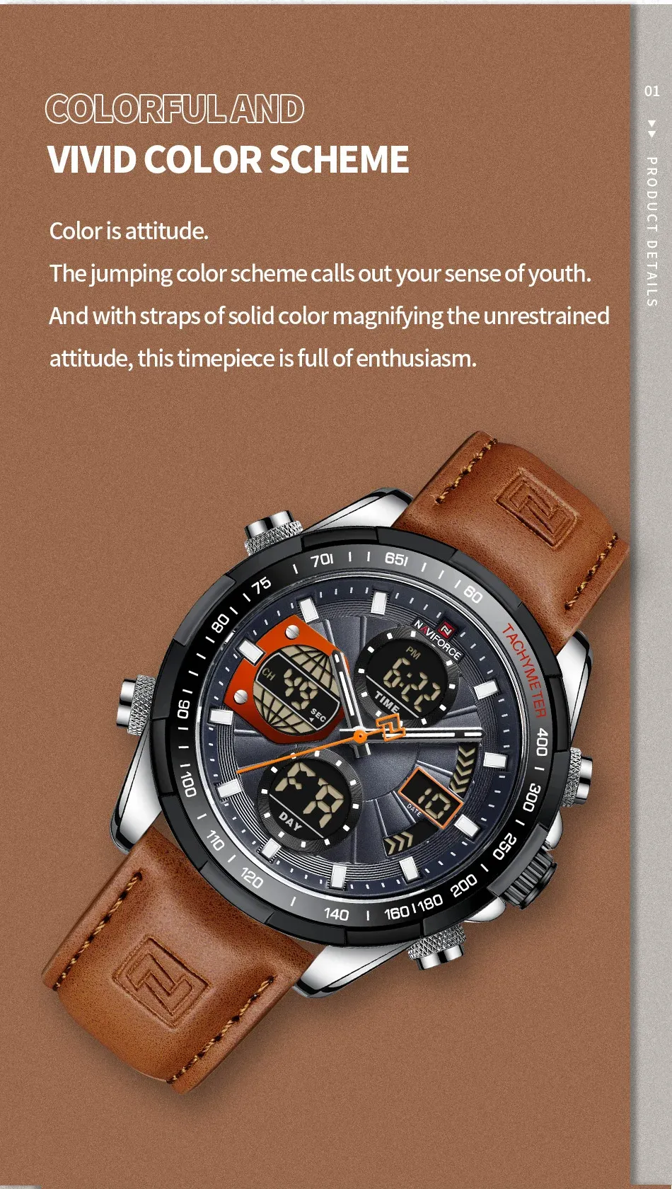 네비포스 NF9197L 남성용 듀얼 디스플레이 스포츠 가죽 시계