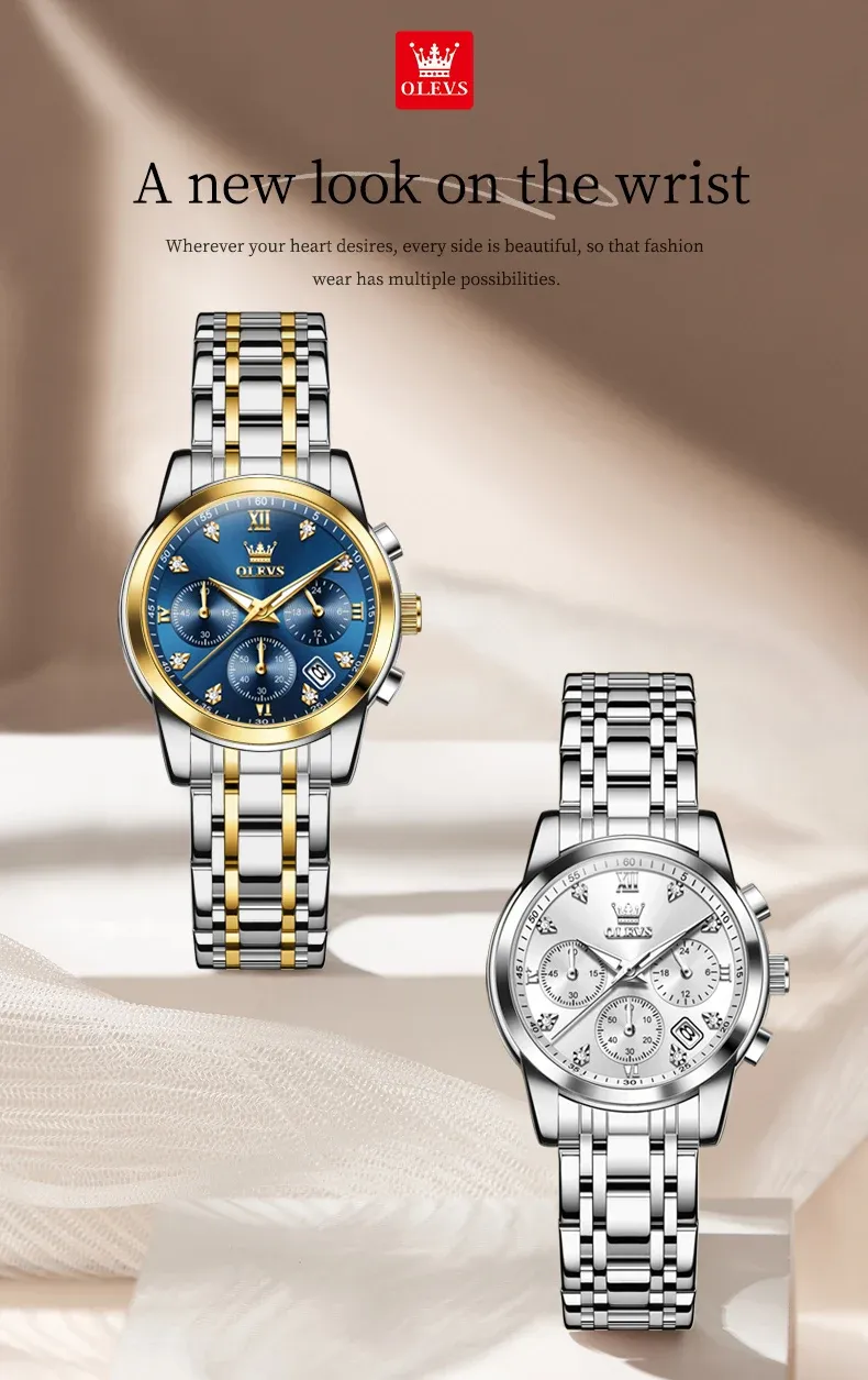 OLEVS 여성용 다이아몬드 크로노그래프 방수 쿼츠 시계