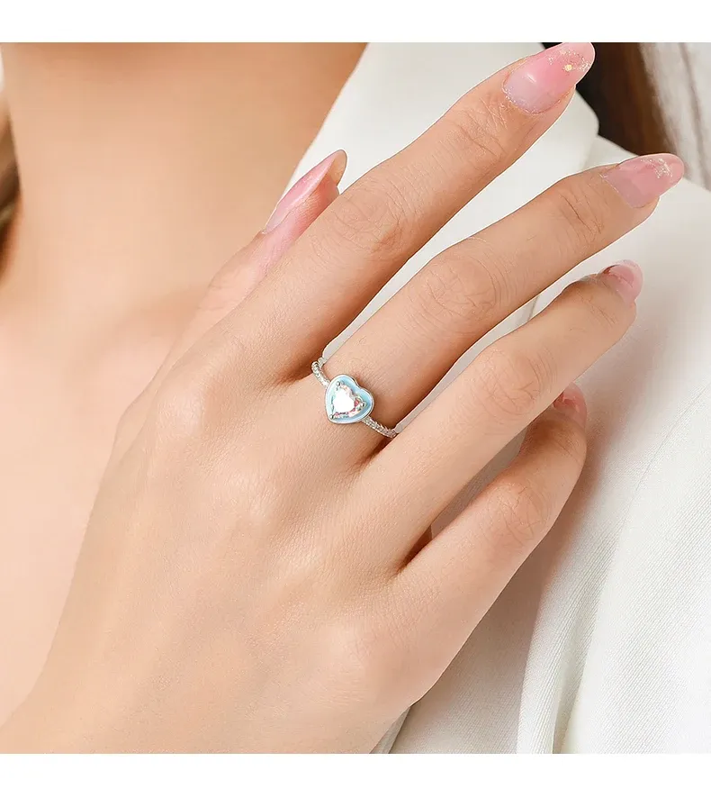 모디안 925 스털링 실버 블루 에나멜 하트 지르코니아 반지