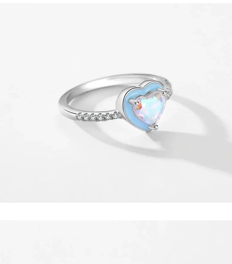 모디안 925 스털링 실버 블루 에나멜 하트 지르코니아 반지