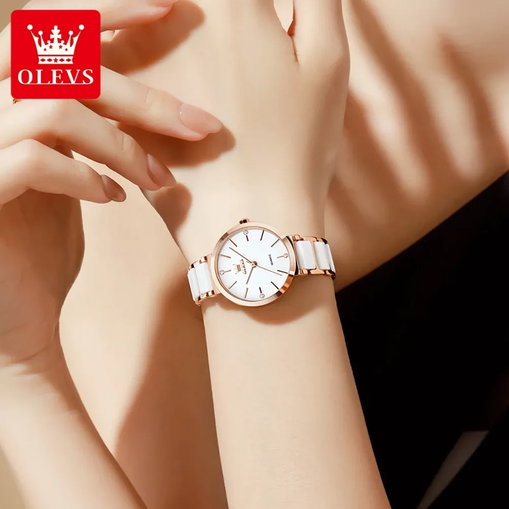 OLEVS 5877 여성용 세라믹 쿼츠 시계 팔찌 세트