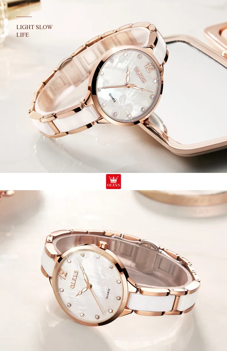 OLEVS 세라믹 스트랩 여성 쿼츠 손목시계