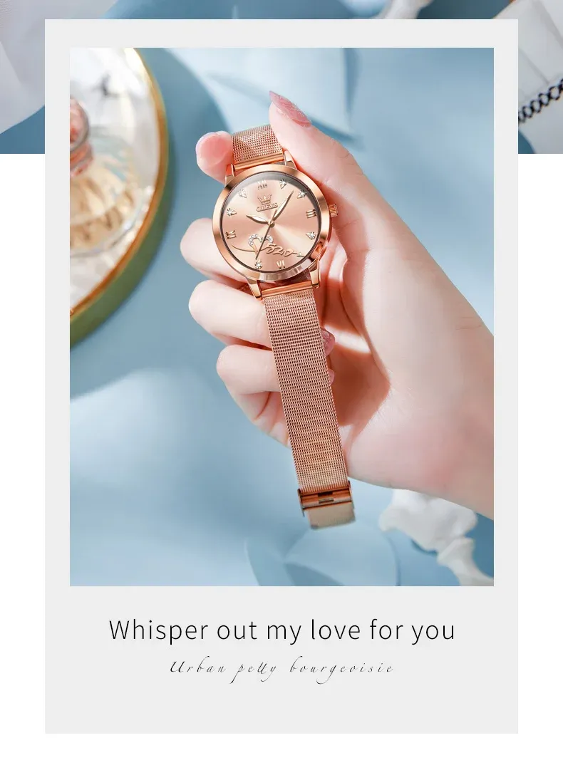 OLEVS 로즈골드 메쉬 로마숫자 하트 여성 쿼츠 시계