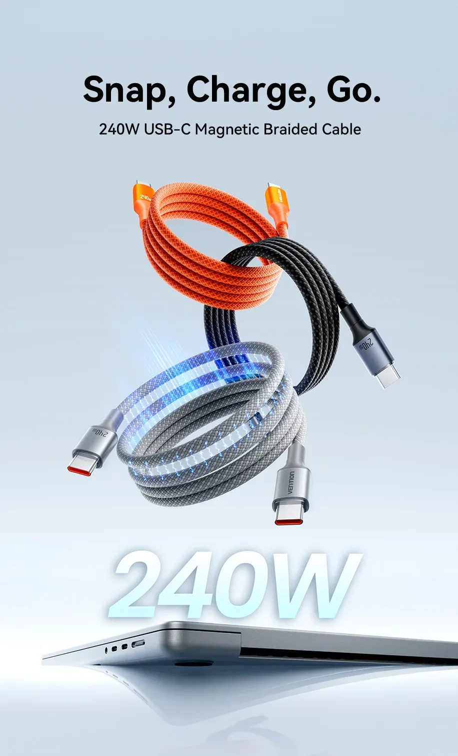 벤션 240W 자석식 USB-C to C 고속 충전 케이블