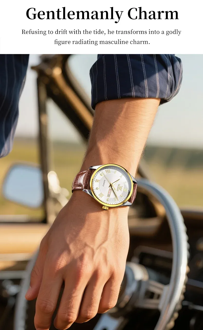 오리지널 듀얼 캘린더 로만 가죽 스트랩 쿼츠 시계