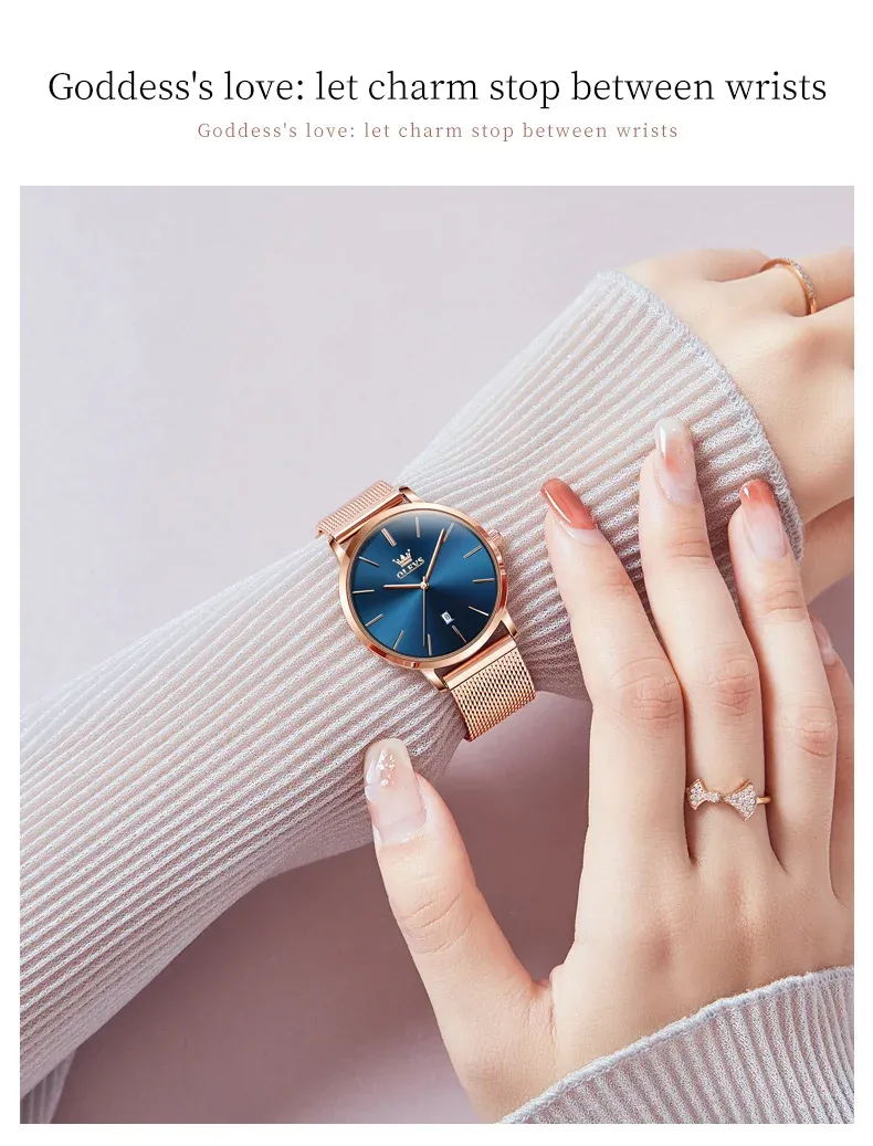 OLEVS 로즈골드 스테인리스 여성 쿼츠 방수 시계