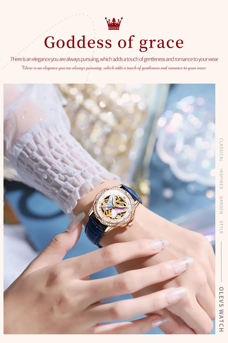 OLEVS 다이아몬드 장식 여성용 오토매틱 메탈 시계