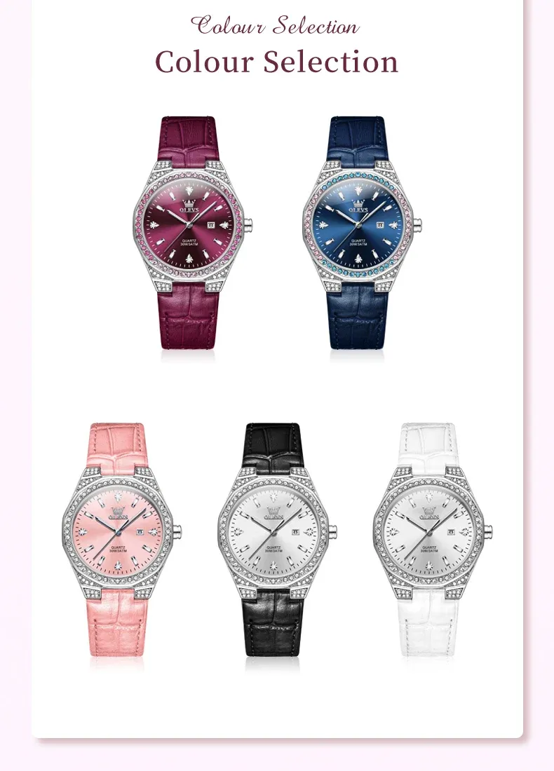 OLEVS 여성용 다이아몬드 가죽 스트랩 쿼츠 시계