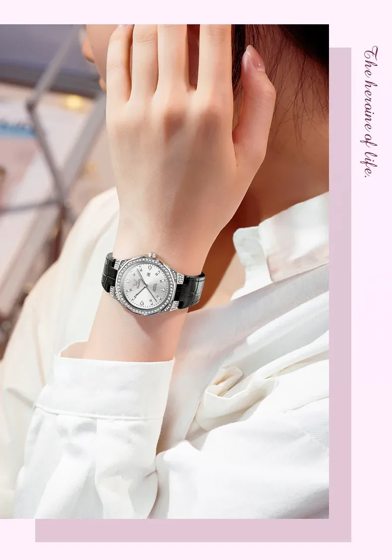 OLEVS 여성용 다이아몬드 가죽 스트랩 쿼츠 시계