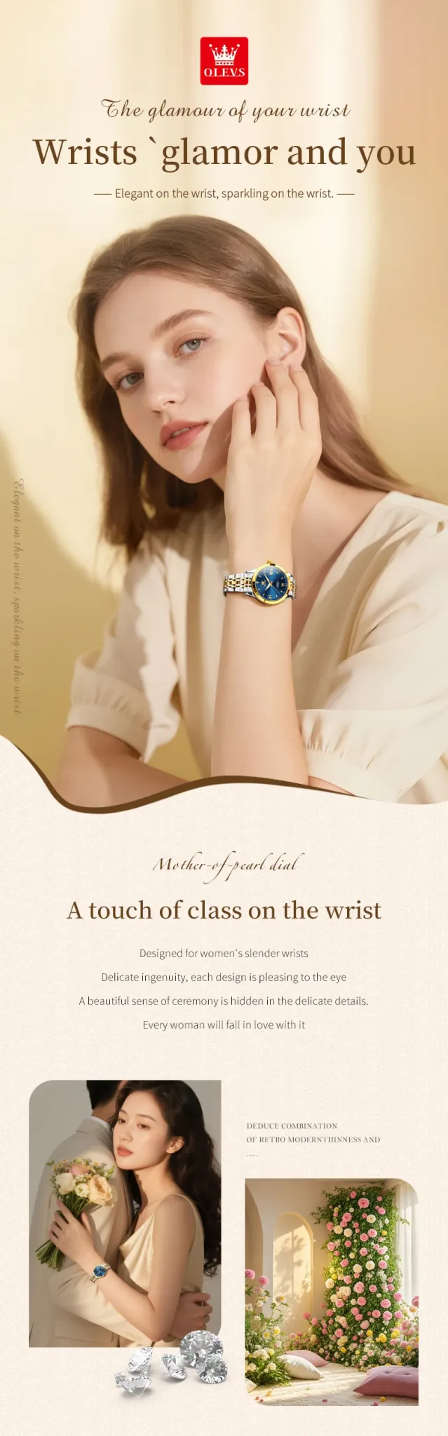 올레브스 로만 문페이즈 오토매틱 여성용 메탈 시계 세트