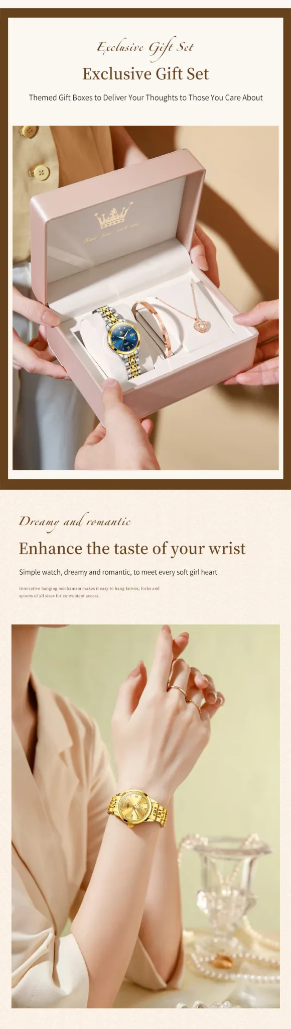 올레브스 로만 문페이즈 오토매틱 여성용 메탈 시계 세트