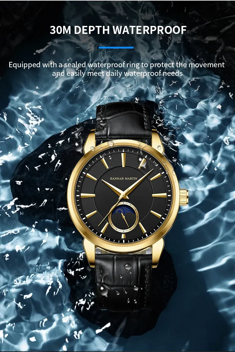 한나 마틴 남성용 스타문 다이얼 가죽 쿼츠 시계