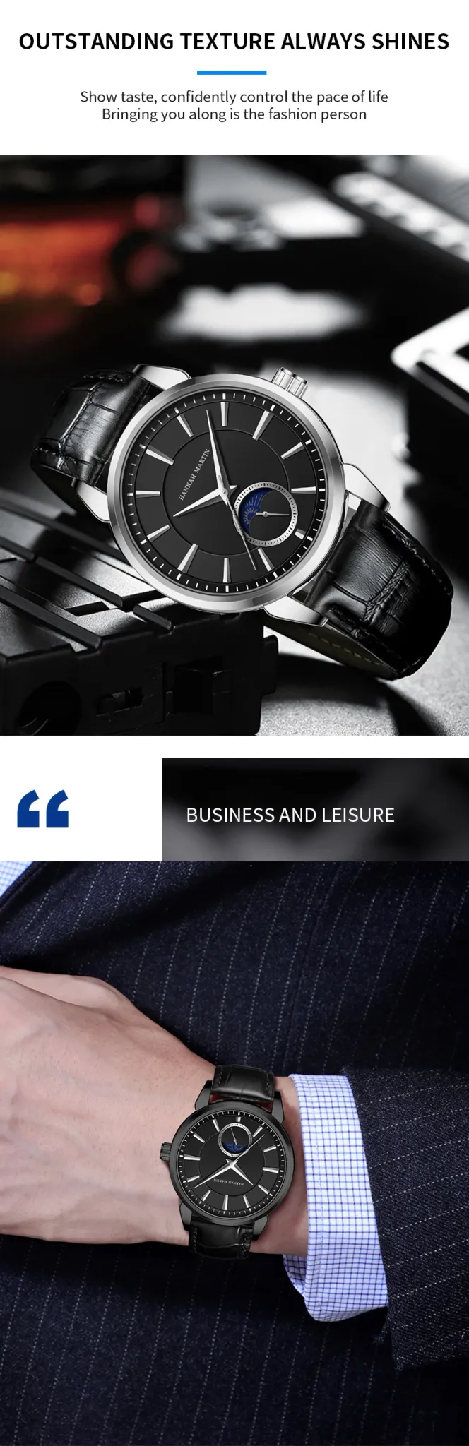 한나 마틴 남성용 스타문 다이얼 가죽 쿼츠 시계