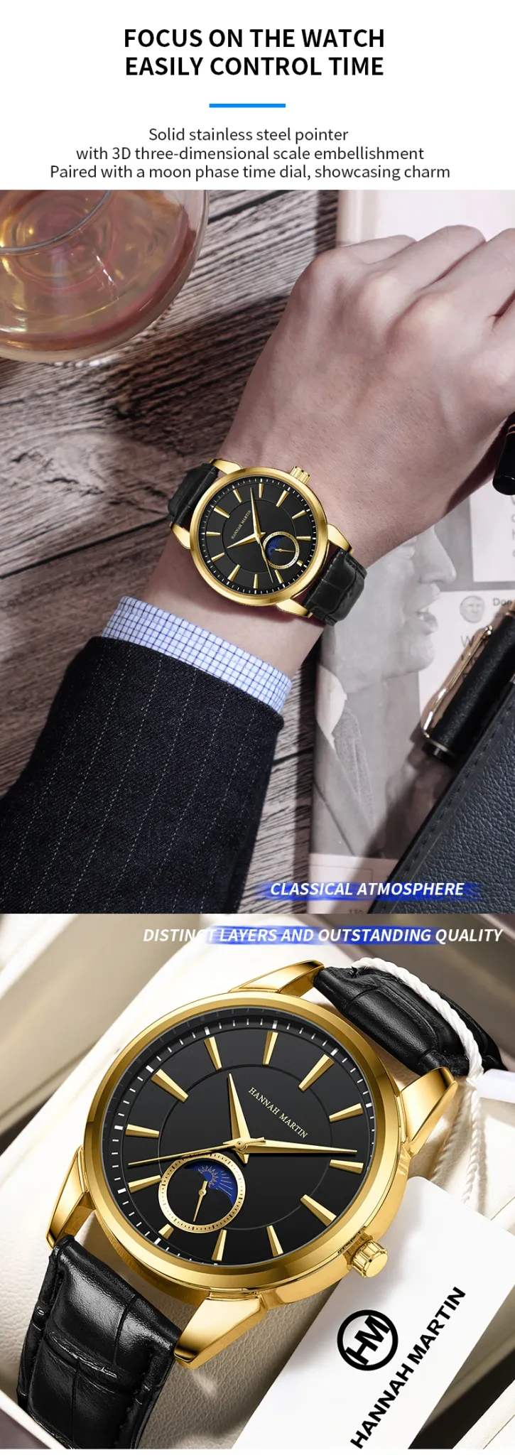 한나 마틴 남성용 스타문 다이얼 가죽 쿼츠 시계