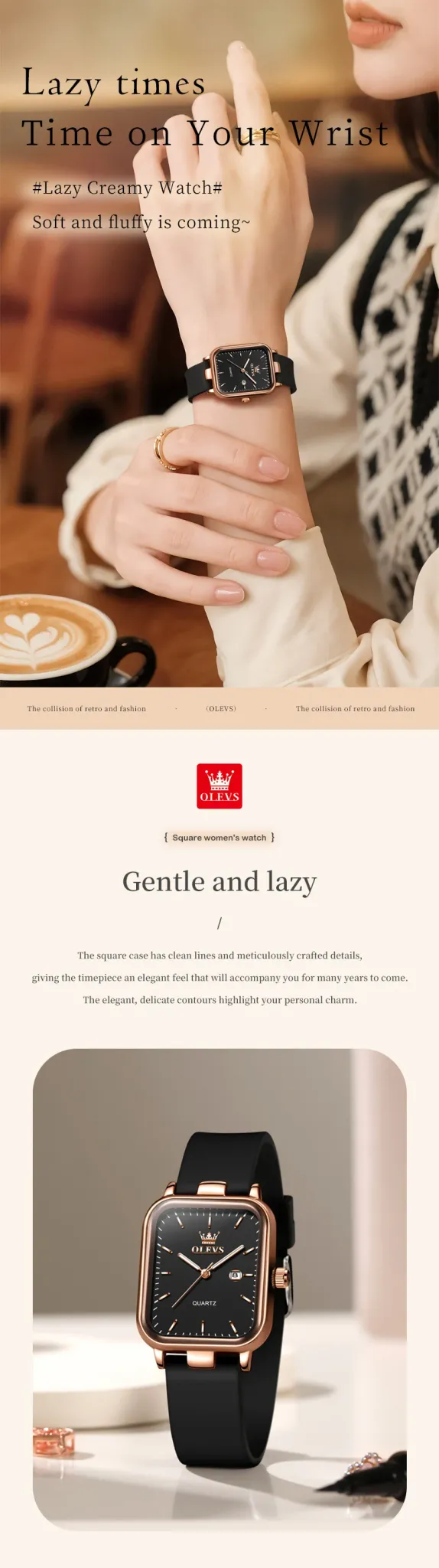 OLEVS 여성용 직사각 로만 캘린더 방수 쿼츠 시계
