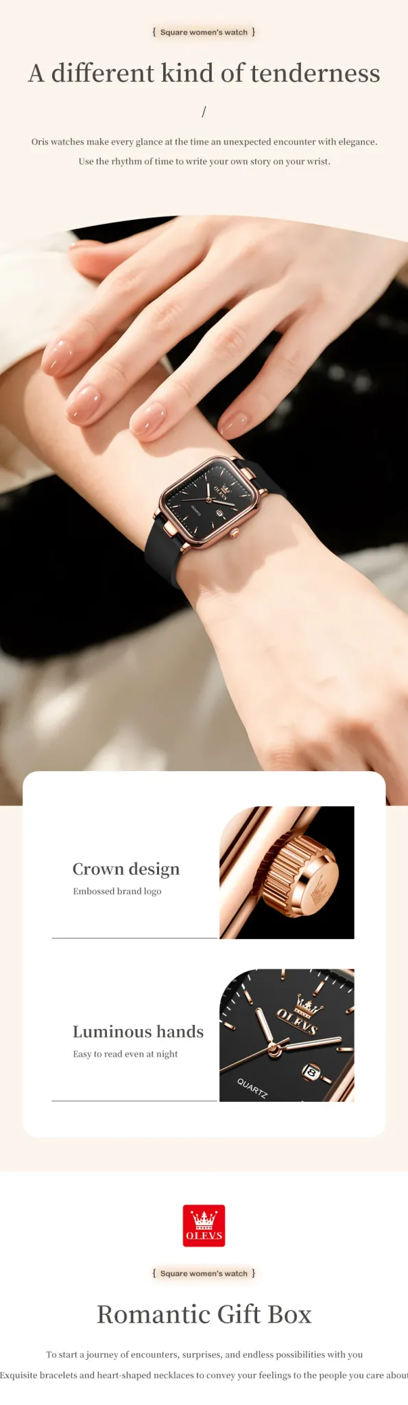 OLEVS 여성용 직사각 로만 캘린더 방수 쿼츠 시계