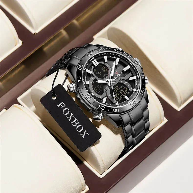 FOXBOX 남성용 아날로그-디지털 스틸 방수 LED 쿼츠 시계