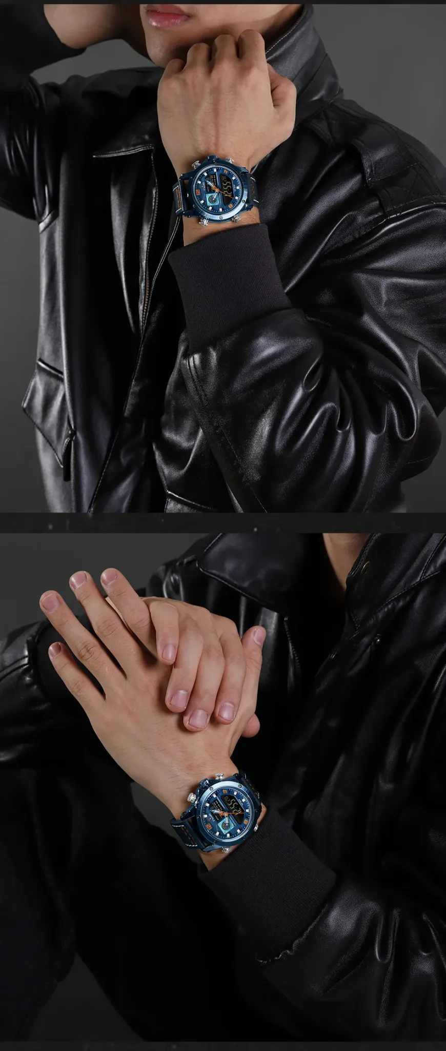 네비포스 NF9236 듀얼 디스플레이 남성용 방수 쿼츠 시계