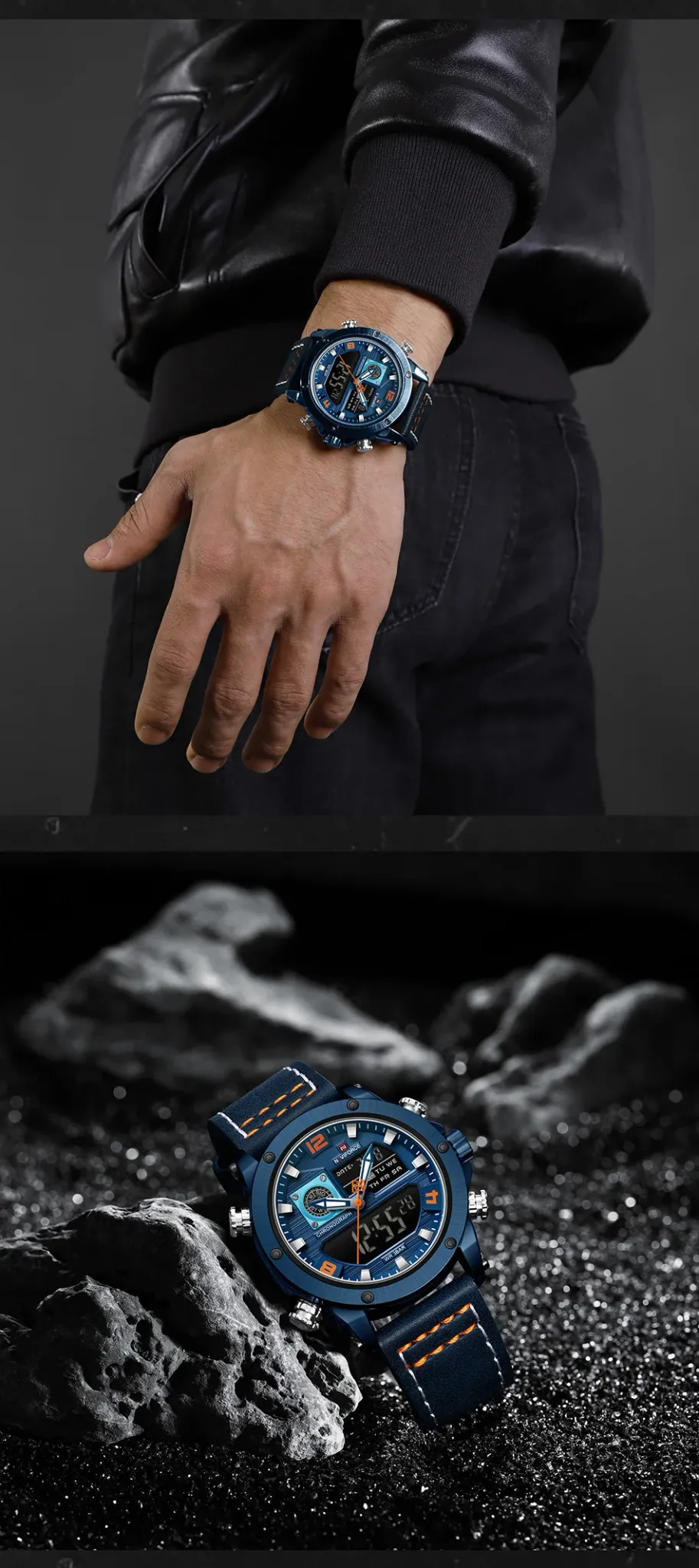 네비포스 NF9236 듀얼 디스플레이 남성용 방수 쿼츠 시계