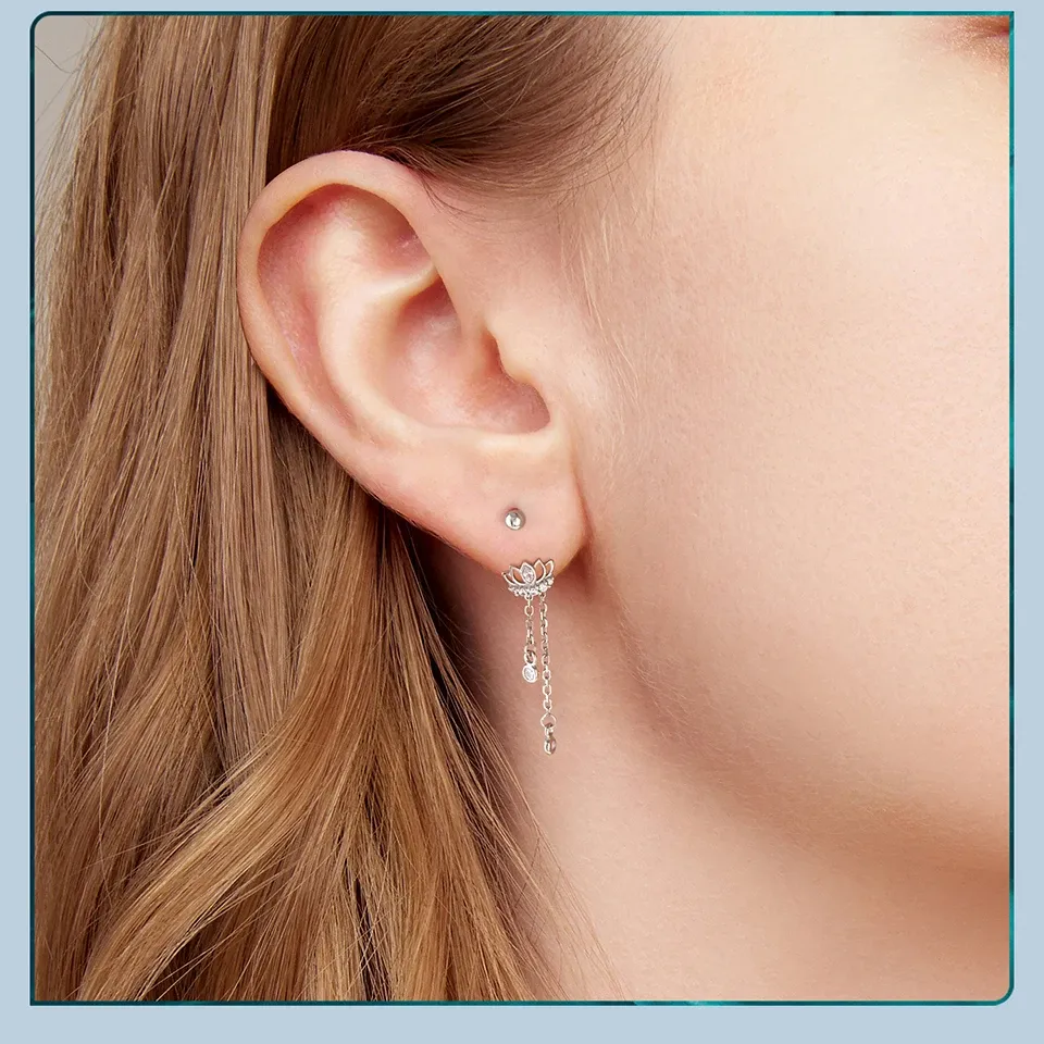 WOSTU 925 실버 연꽃 지르콘 스터드 귀걸이