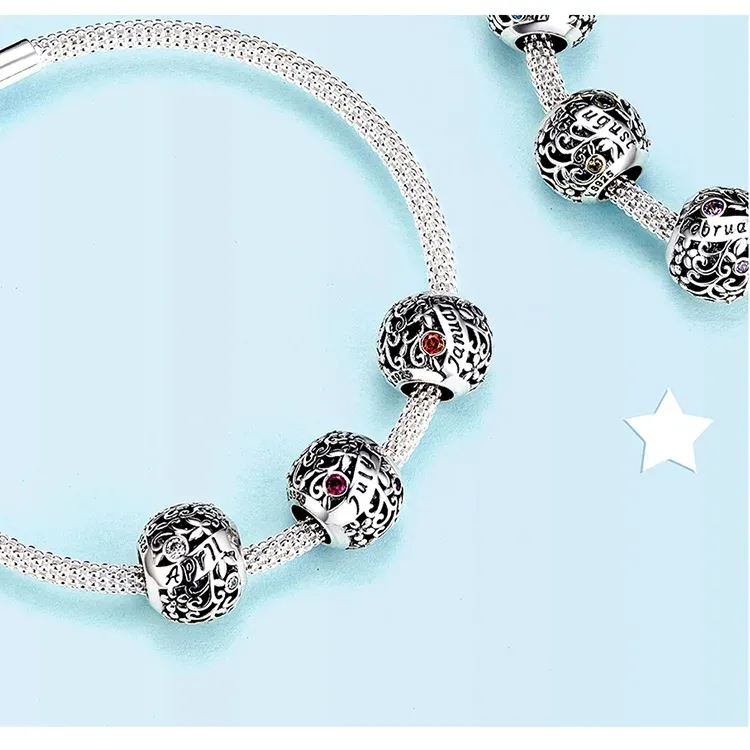 WOSTU 925 실버 원형 지르콘 탄생석 참 비즈