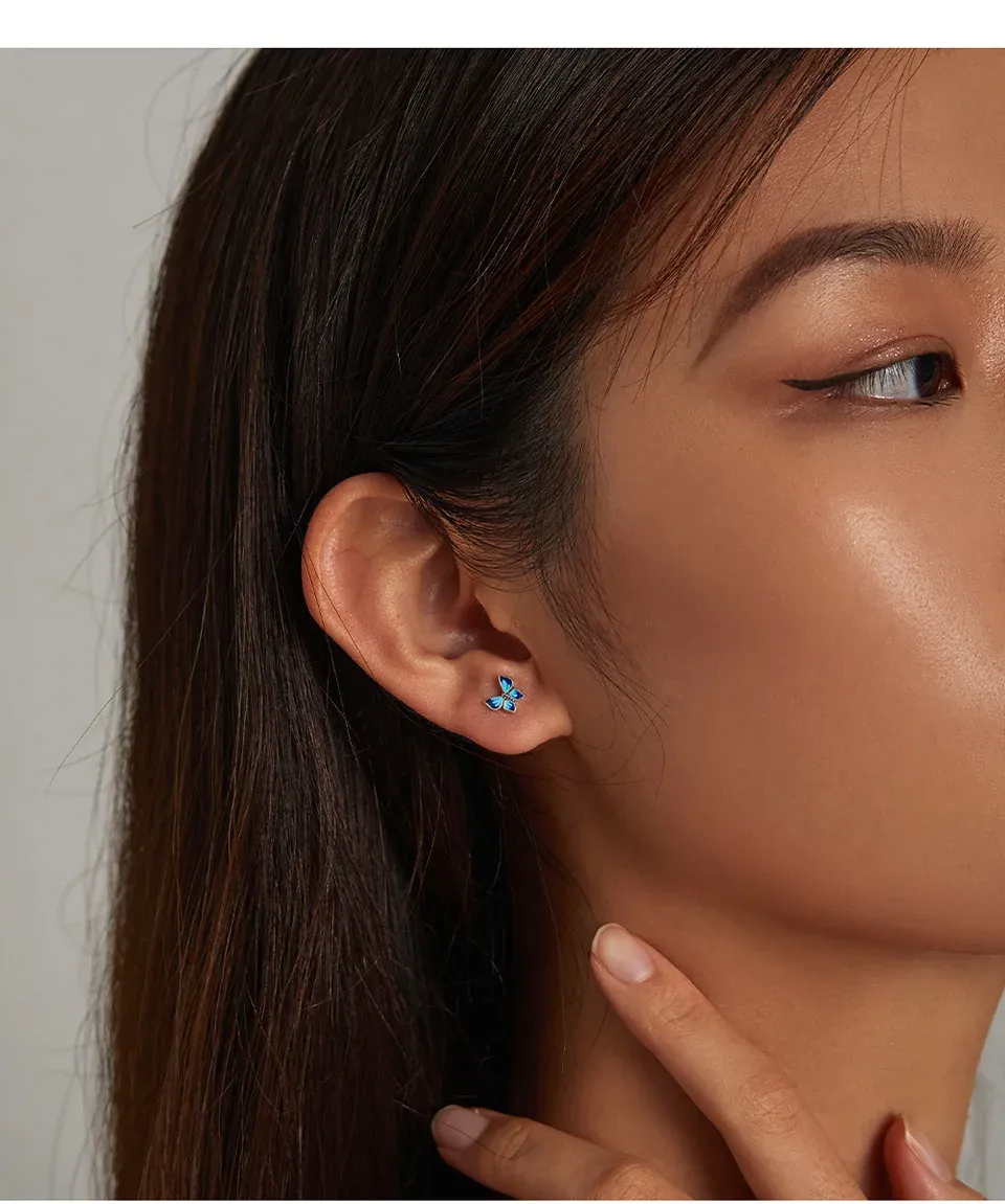 바모어 925 실버 블루·핑크 나비꽃 스터드 귀걸이