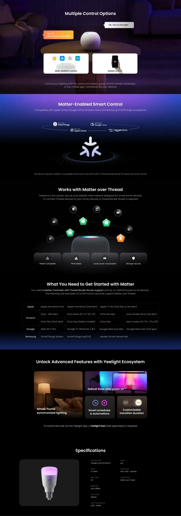 Yeelight D1 블루투스 컬러 스마트 전구 E27